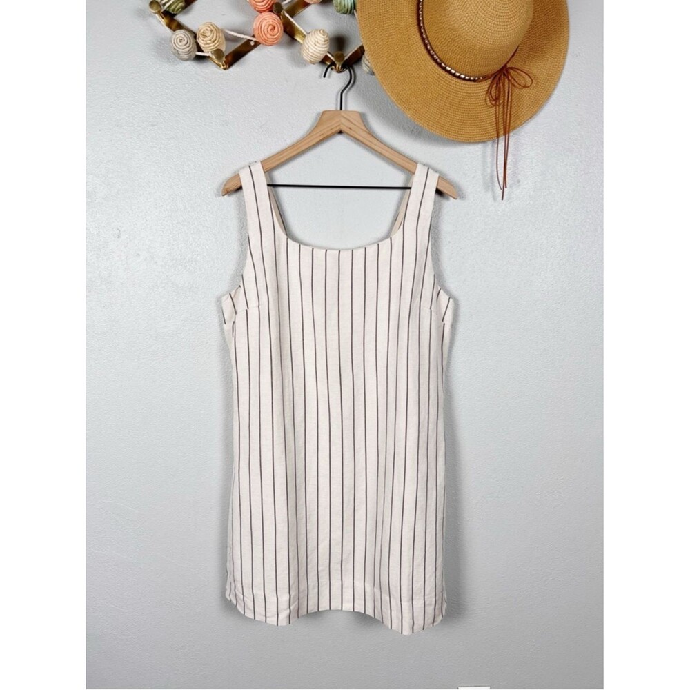 NWT Evereve Leah Linen Mini Shift Dress in Oatmeal Black Stripe Size Large - Picture 2 of 8